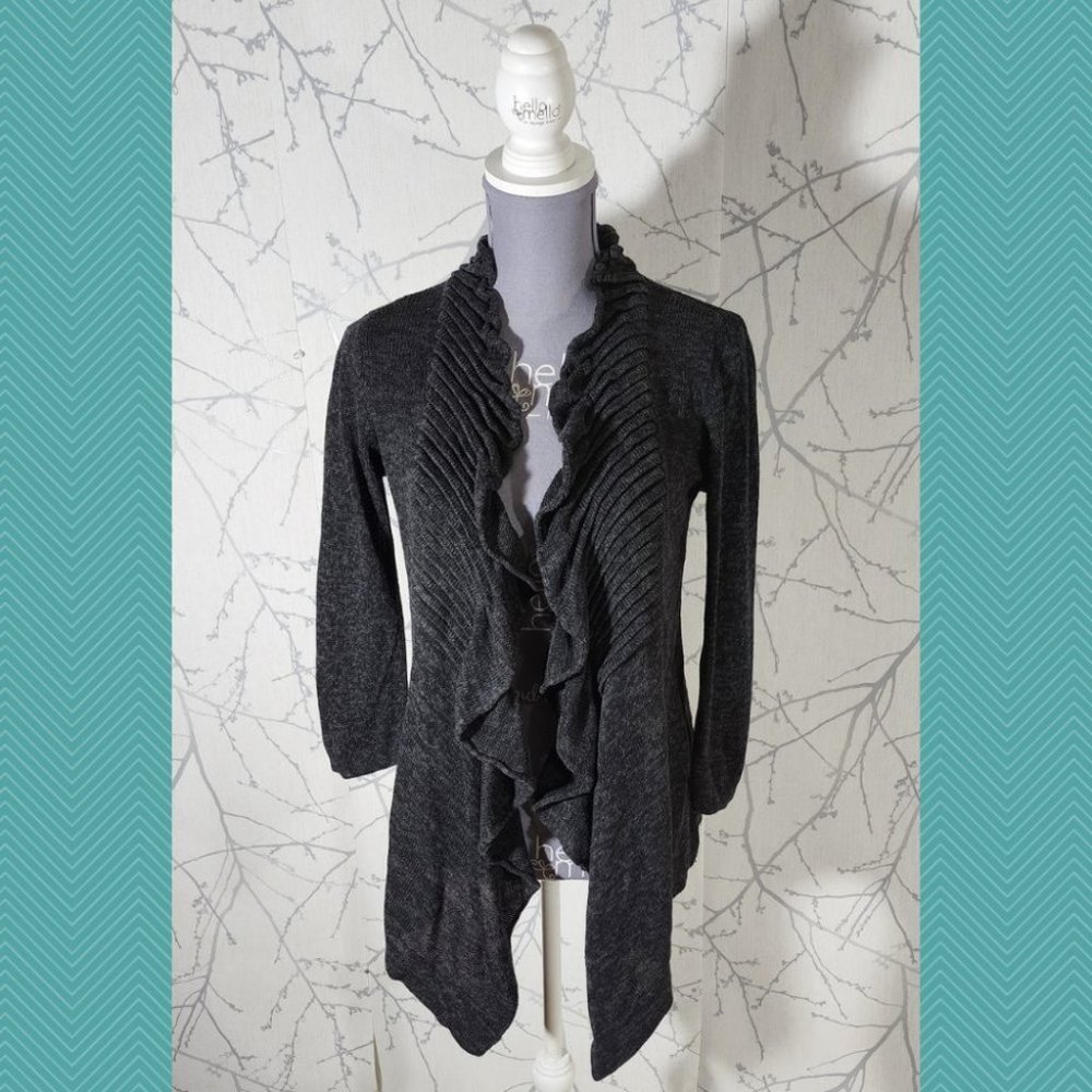 by Line Heathered Black Cotton Knit Ribbed Ruffle Front Cardigan Fairy Grunge